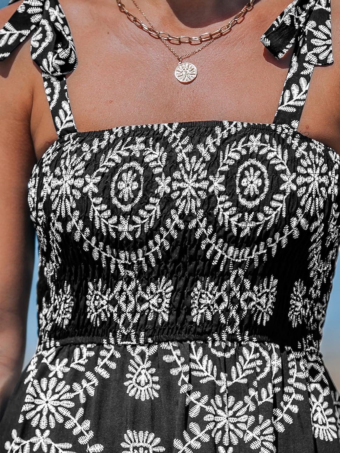 imageCUPSHE Womens Maxi Dress Casual Smocked Straps Paisley Ruffled Slit A Line Long Beach Summer DressBlack