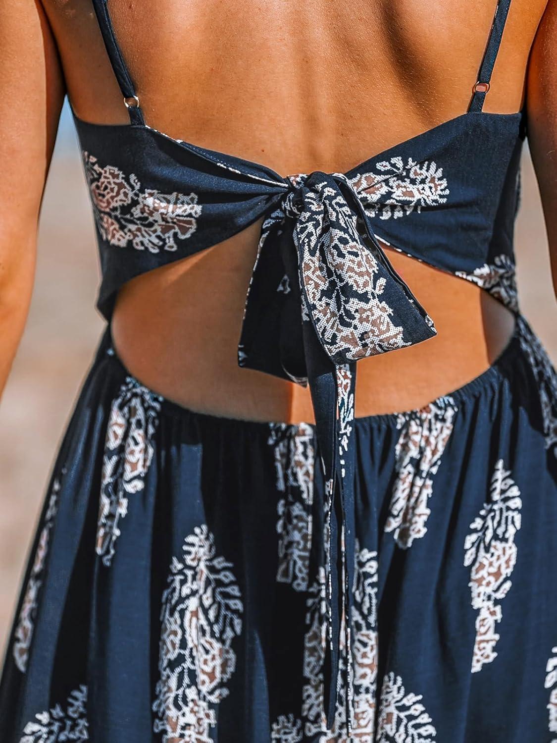 imageCUPSHE Womens Maxi Dress Floral Print Twisted V Neck Sleeveless Long Dress Summer Casual DressNavy Blue