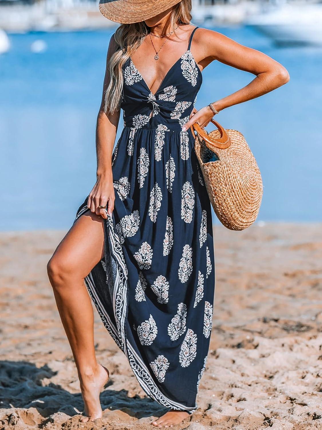 imageCUPSHE Womens Maxi Dress Floral Print Twisted V Neck Sleeveless Long Dress Summer Casual DressNavy Blue