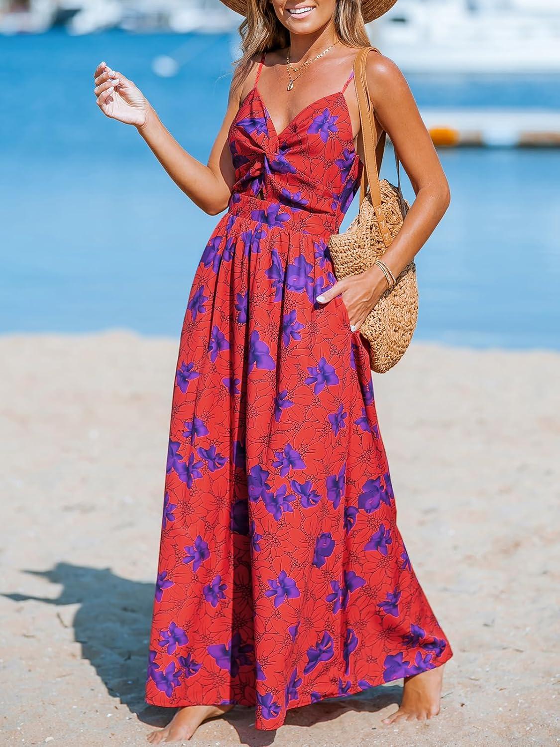 imageCUPSHE Womens Maxi Dress Floral Print Twisted V Neck Sleeveless Long Dress Summer Casual DressPurple Floral