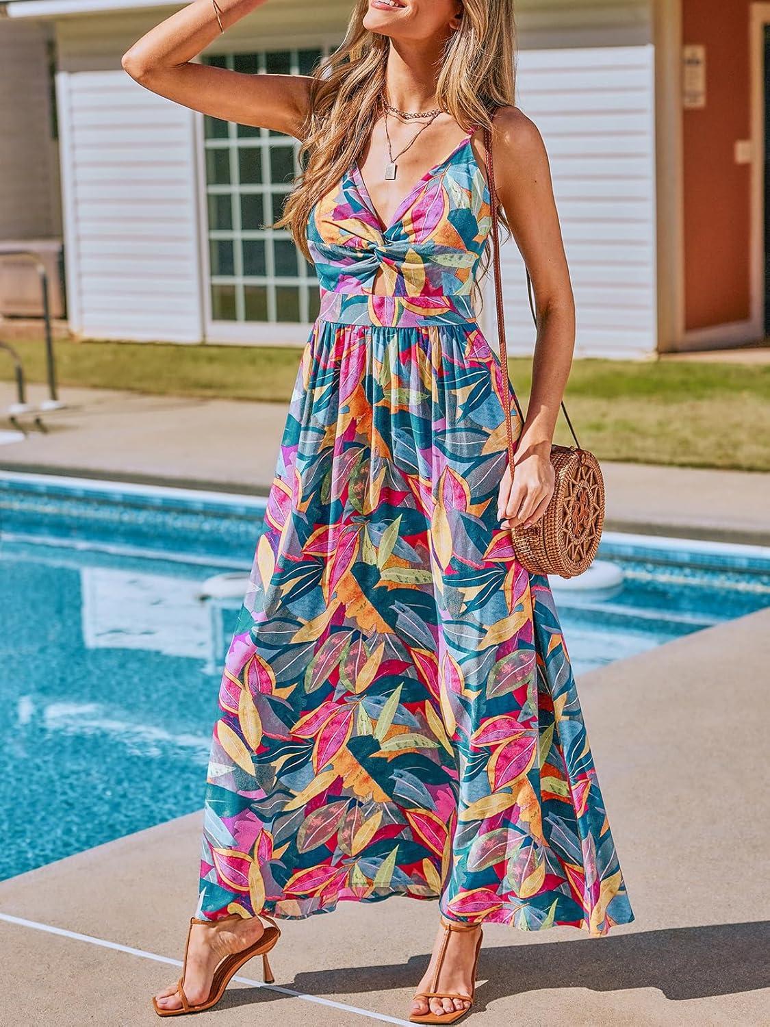imageCUPSHE Womens Maxi Dress Floral Print Twisted V Neck Sleeveless Long Dress Summer Casual DressTeal Tropical