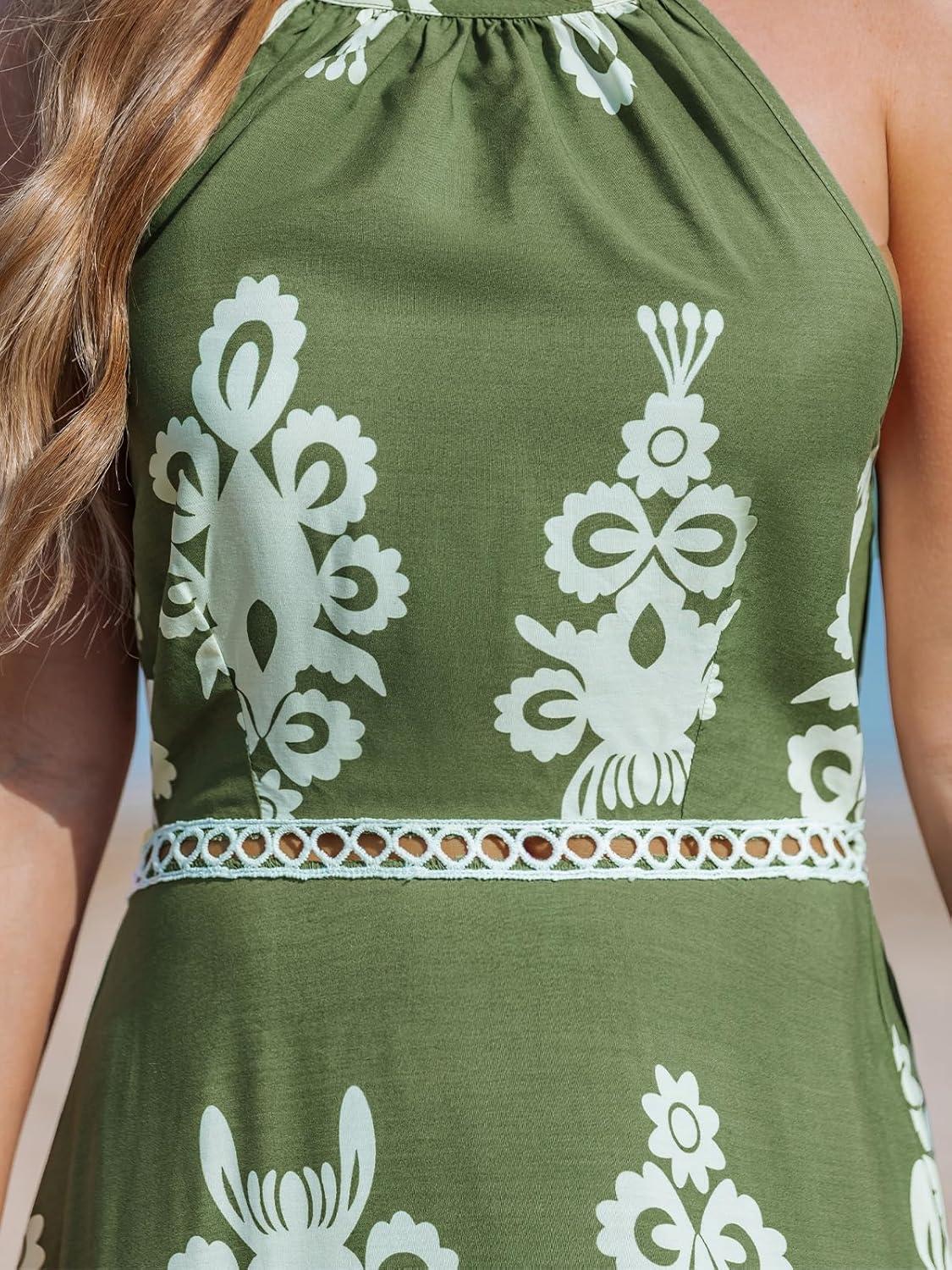 imageCUPSHE Womens Midi Dress Halter Paisley Sleeveless Cutout Waist Long Beach Boho Summer DressGreen Printed