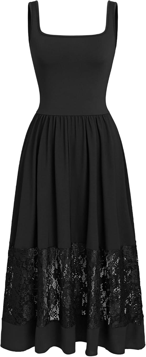 imageCUPSHE Womens Midi Summer Dresses Square Neck Lace Sleeveless Casual Party Sundress Long Cocktail Wedding Guest DressBlack