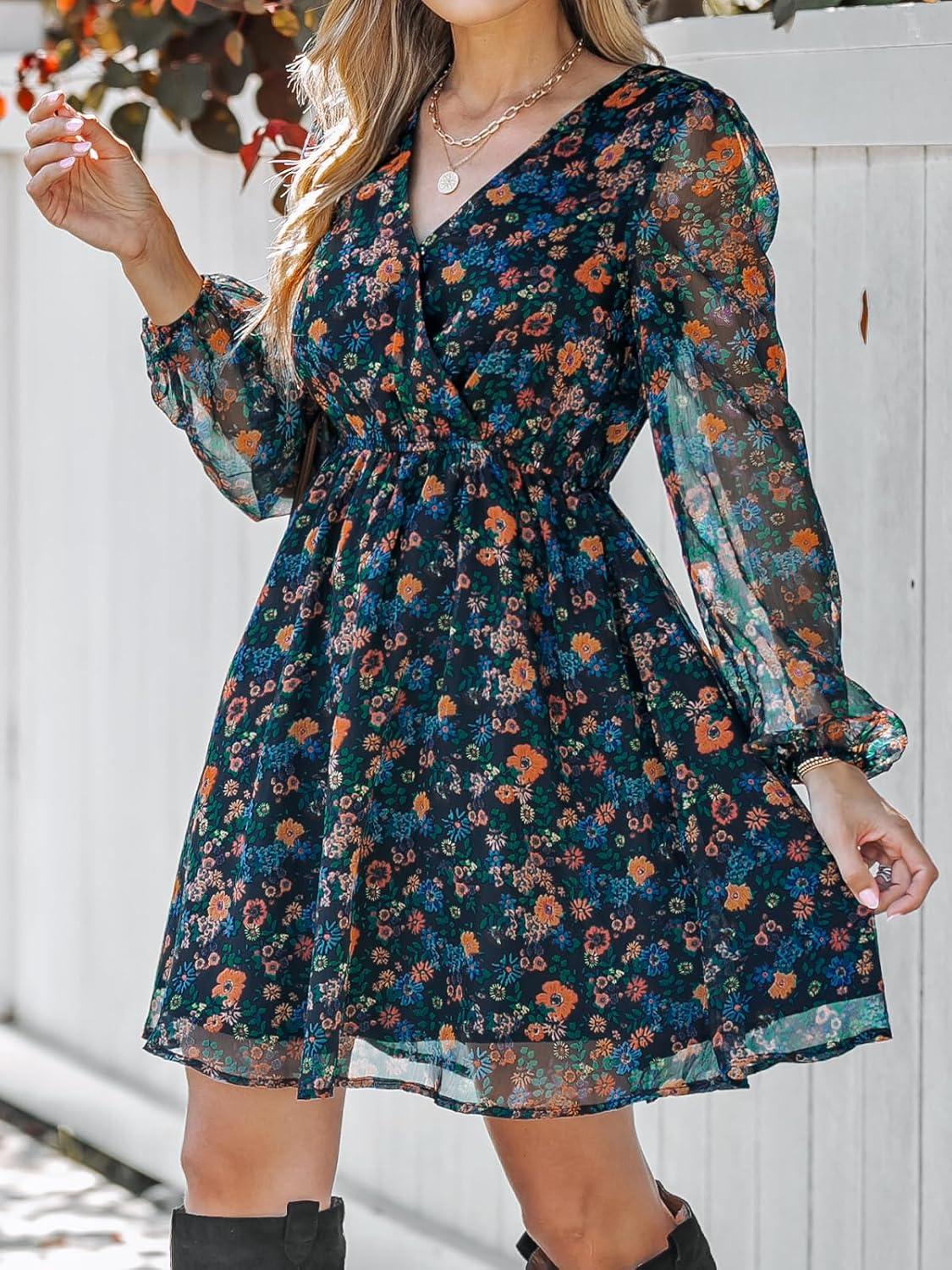 imageCUPSHE Womens Mini Dresses Casual Spring V Neck Chiffon Long Peasant Sleeves Flowy Spring DressNavy Floral