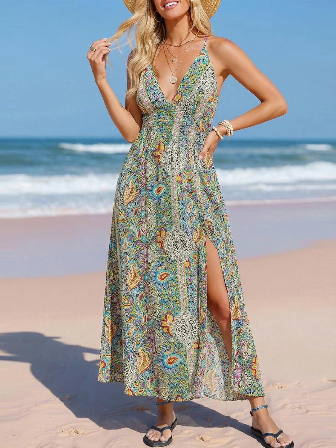 imageCUPSHE Womens Summer Maxi Dress 2026 Sleeveless Long Sundresses Spaghetti Strap Flowy Boho Beach Vacation DressGreen Red