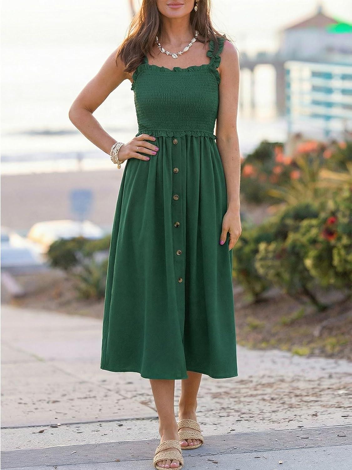imageCUPSHE Womens Summer Smocked Midi Dress Sleeveless Square Neck Cami Dress Vacation Button Flowy Long SundressGreen