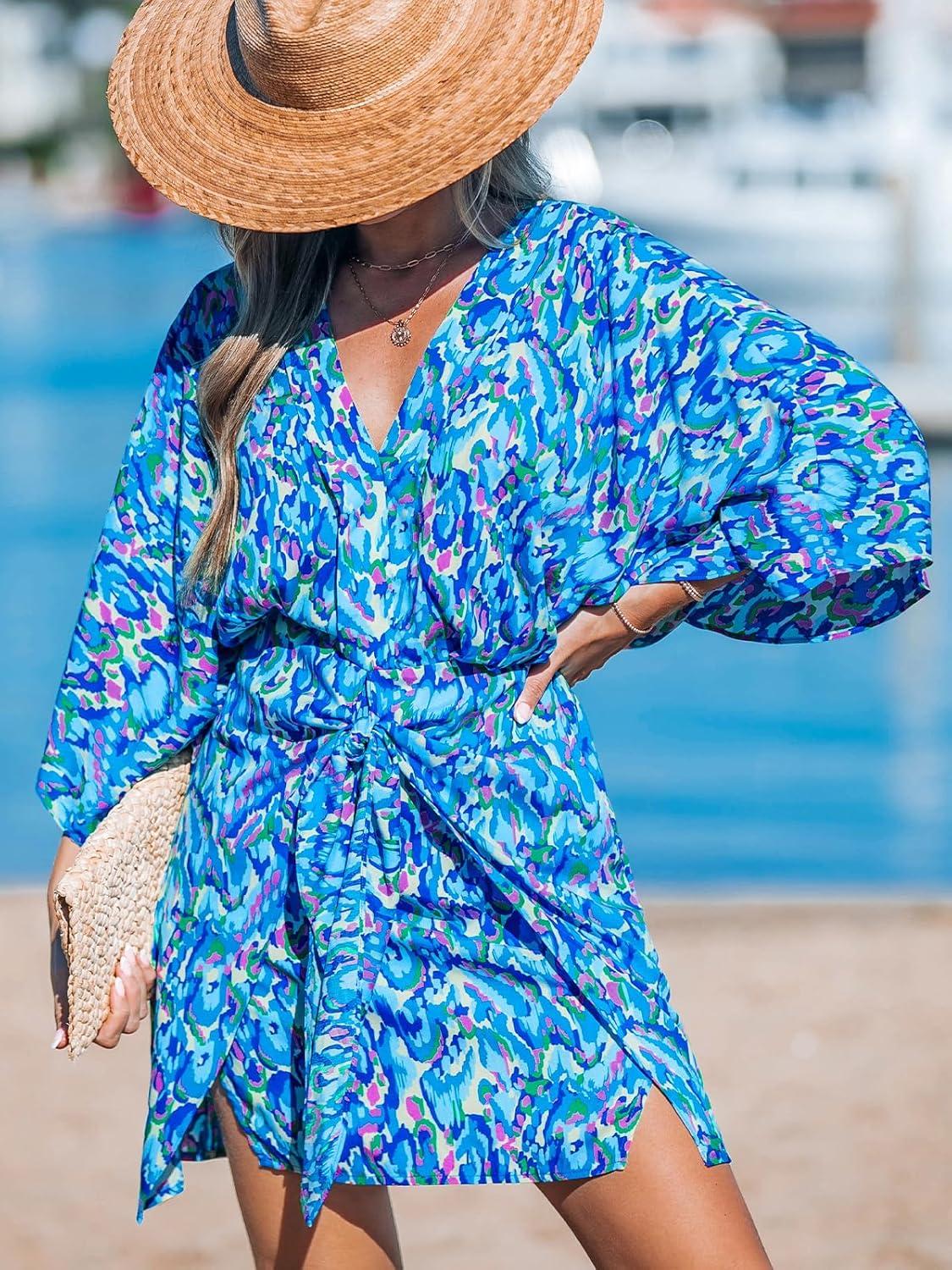 imageCUPSHE Womens V Neck Summer Dress 34 Kimono Sleeve Self Tie Pleated Loose Slit Mini Casual DressBlue