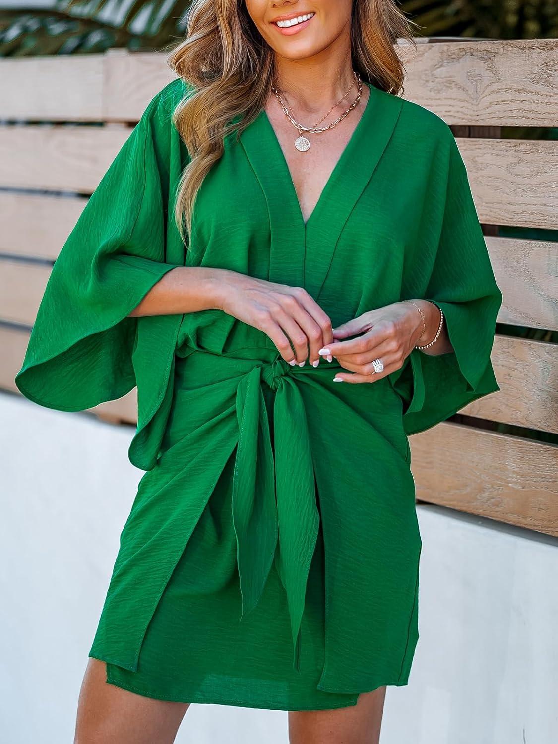 imageCUPSHE Womens V Neck Summer Dress 34 Kimono Sleeve Self Tie Pleated Loose Slit Mini Casual DressEmerald Green