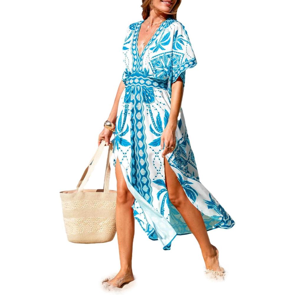 imageCUPSHE Women Boho Maxi Summer Dress Plunging V Half Dolman Sleeve Empired Waist Side Slit Sundress Holiday Beach DressesTeal Blue