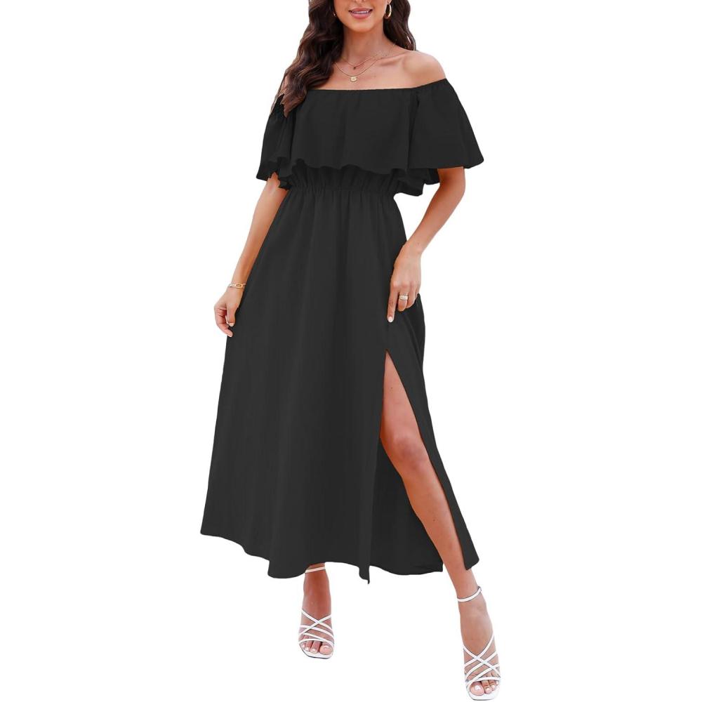 imageCUPSHE Women Ruffle Floral Maxi Summer Dress Off Shoulder Short Sleeve Backless Flounce Bodice Slit Hem Beach DressesBlack