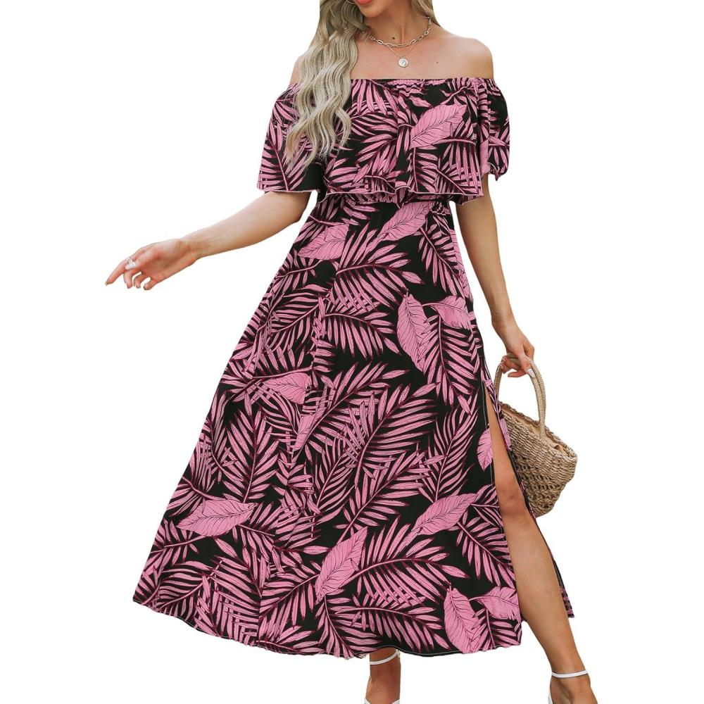imageCUPSHE Women Ruffle Floral Maxi Summer Dress Off Shoulder Short Sleeve Backless Flounce Bodice Slit Hem Beach DressesBlack Leaf