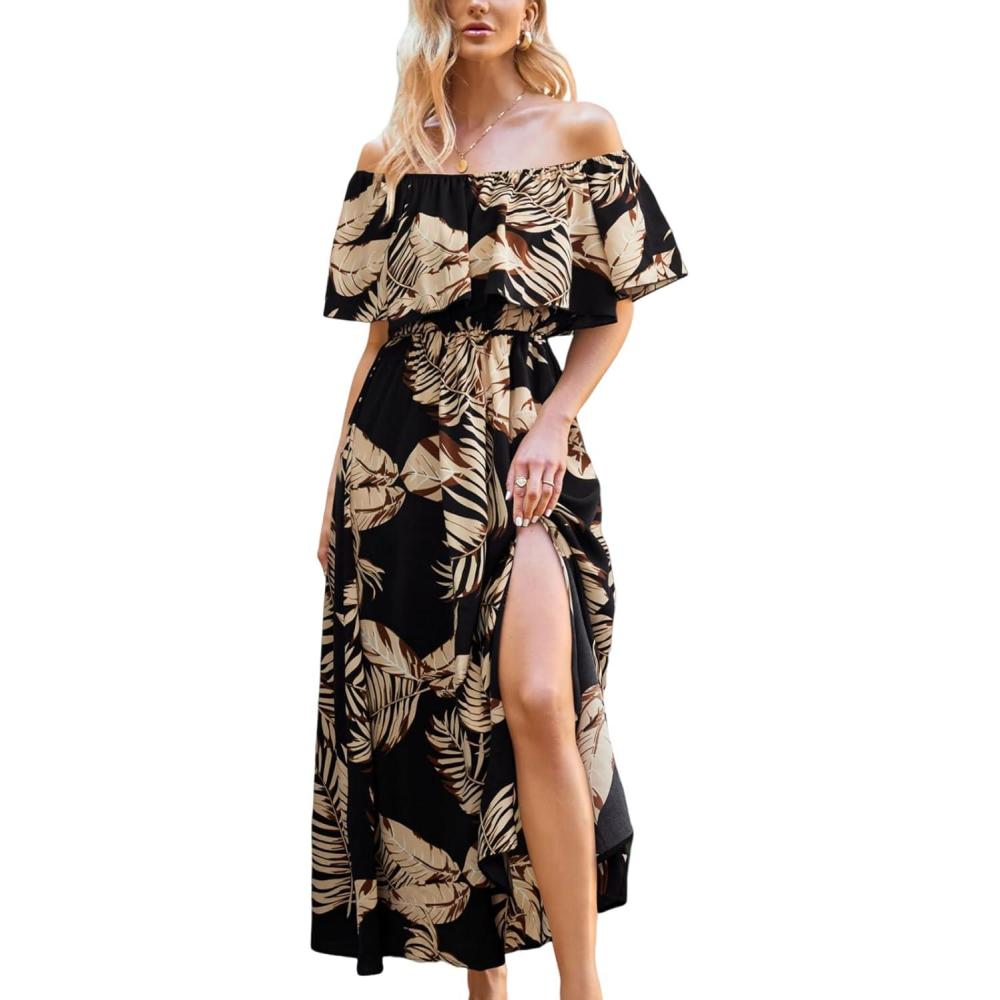 imageCUPSHE Women Ruffle Floral Maxi Summer Dress Off Shoulder Short Sleeve Backless Flounce Bodice Slit Hem Beach DressesBlack Tropical