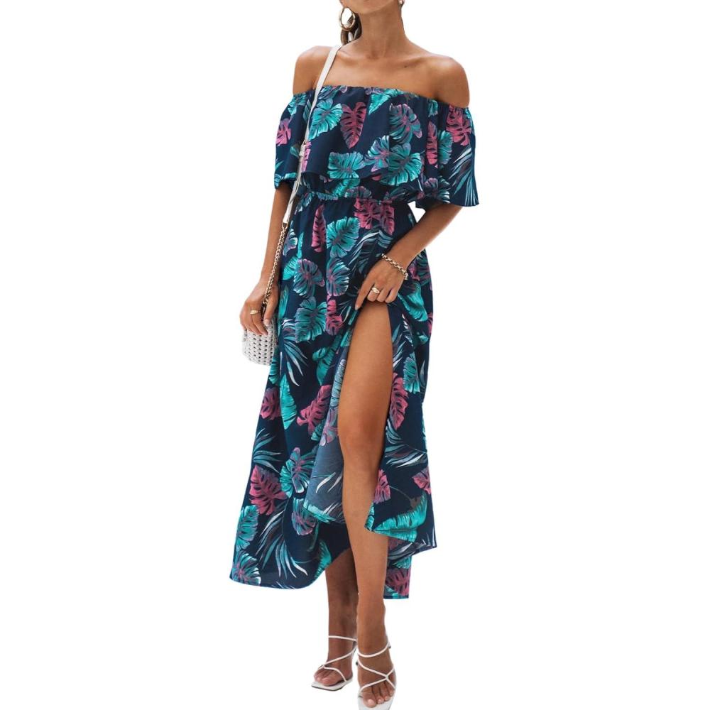 imageCUPSHE Women Ruffle Floral Maxi Summer Dress Off Shoulder Short Sleeve Backless Flounce Bodice Slit Hem Beach DressesBlue