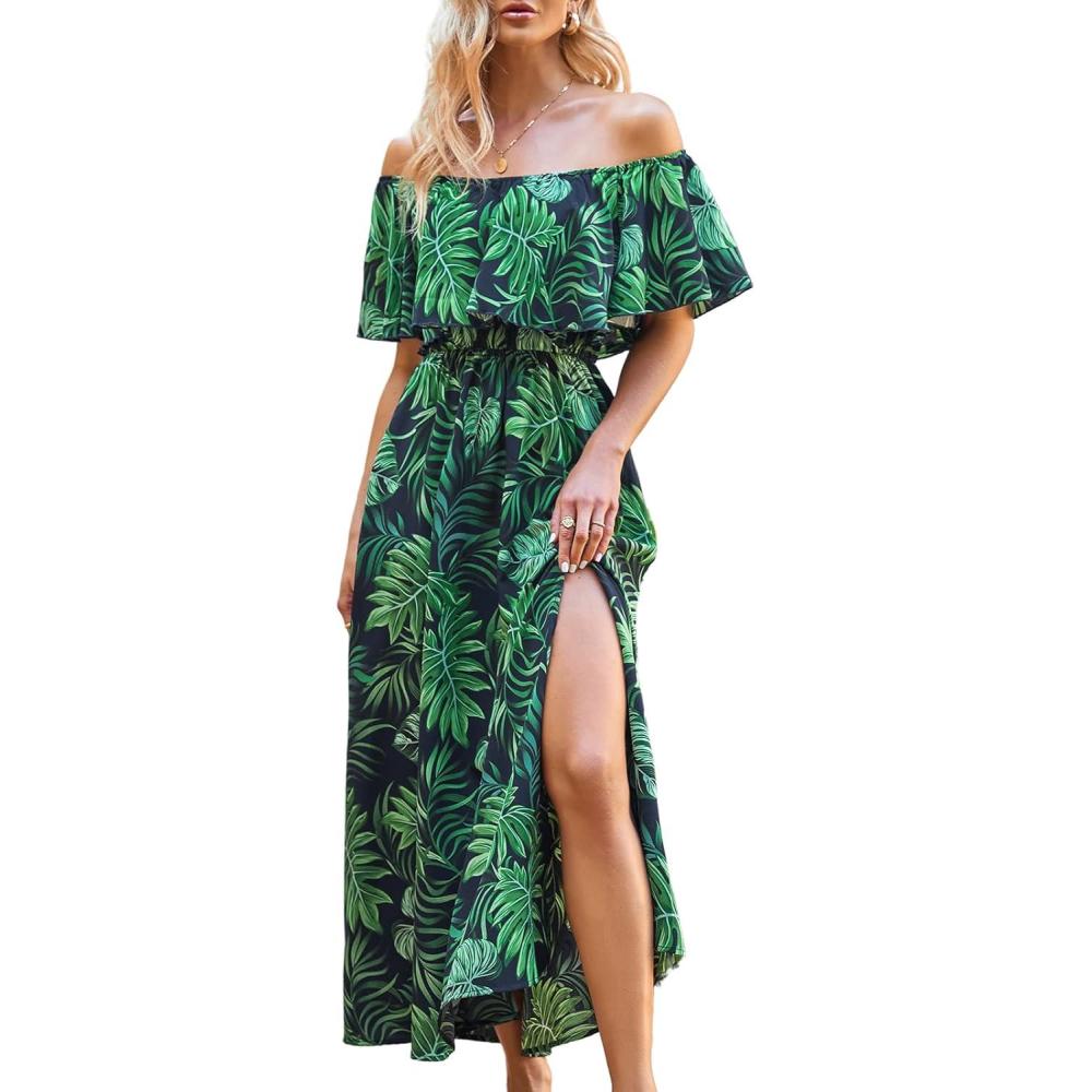 imageCUPSHE Women Ruffle Floral Maxi Summer Dress Off Shoulder Short Sleeve Backless Flounce Bodice Slit Hem Beach DressesGreen