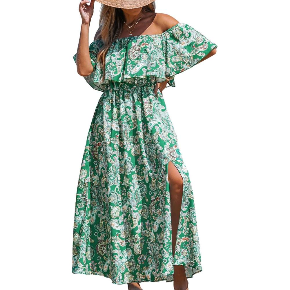 imageCUPSHE Women Ruffle Floral Maxi Summer Dress Off Shoulder Short Sleeve Backless Flounce Bodice Slit Hem Beach DressesGreen Floral