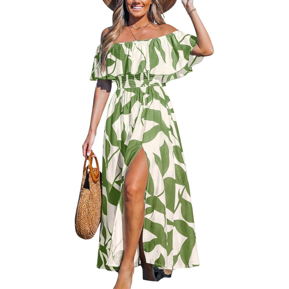 imageCUPSHE Women Ruffle Floral Maxi Summer Dress Off Shoulder Short Sleeve Backless Flounce Bodice Slit Hem Beach DressesGreen White