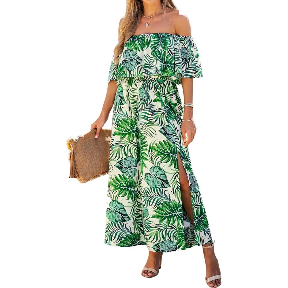 imageCUPSHE Women Ruffle Floral Maxi Summer Dress Off Shoulder Short Sleeve Backless Flounce Bodice Slit Hem Beach DressesLight Green