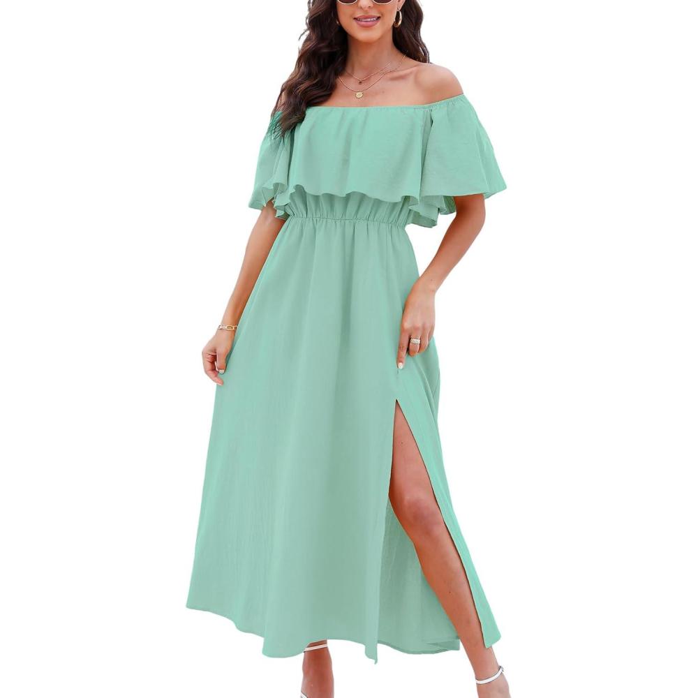 imageCUPSHE Women Ruffle Floral Maxi Summer Dress Off Shoulder Short Sleeve Backless Flounce Bodice Slit Hem Beach DressesMint
