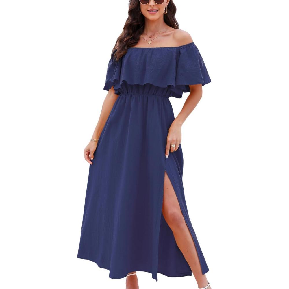 imageCUPSHE Women Ruffle Floral Maxi Summer Dress Off Shoulder Short Sleeve Backless Flounce Bodice Slit Hem Beach DressesNavy