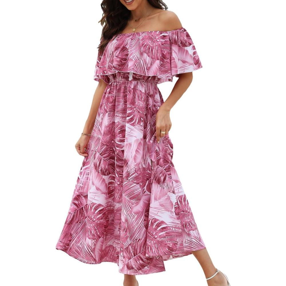 imageCUPSHE Women Ruffle Floral Maxi Summer Dress Off Shoulder Short Sleeve Backless Flounce Bodice Slit Hem Beach DressesPink