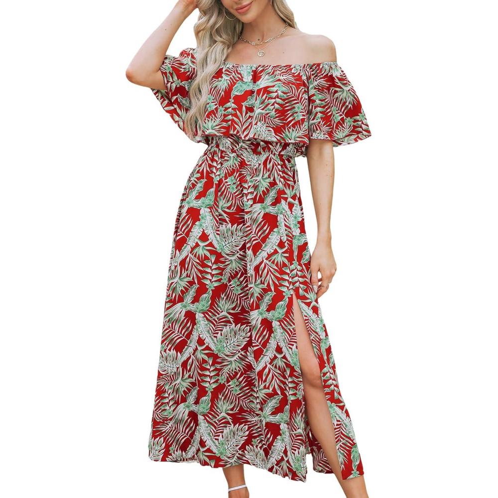 imageCUPSHE Women Ruffle Floral Maxi Summer Dress Off Shoulder Short Sleeve Backless Flounce Bodice Slit Hem Beach DressesRed Leaf