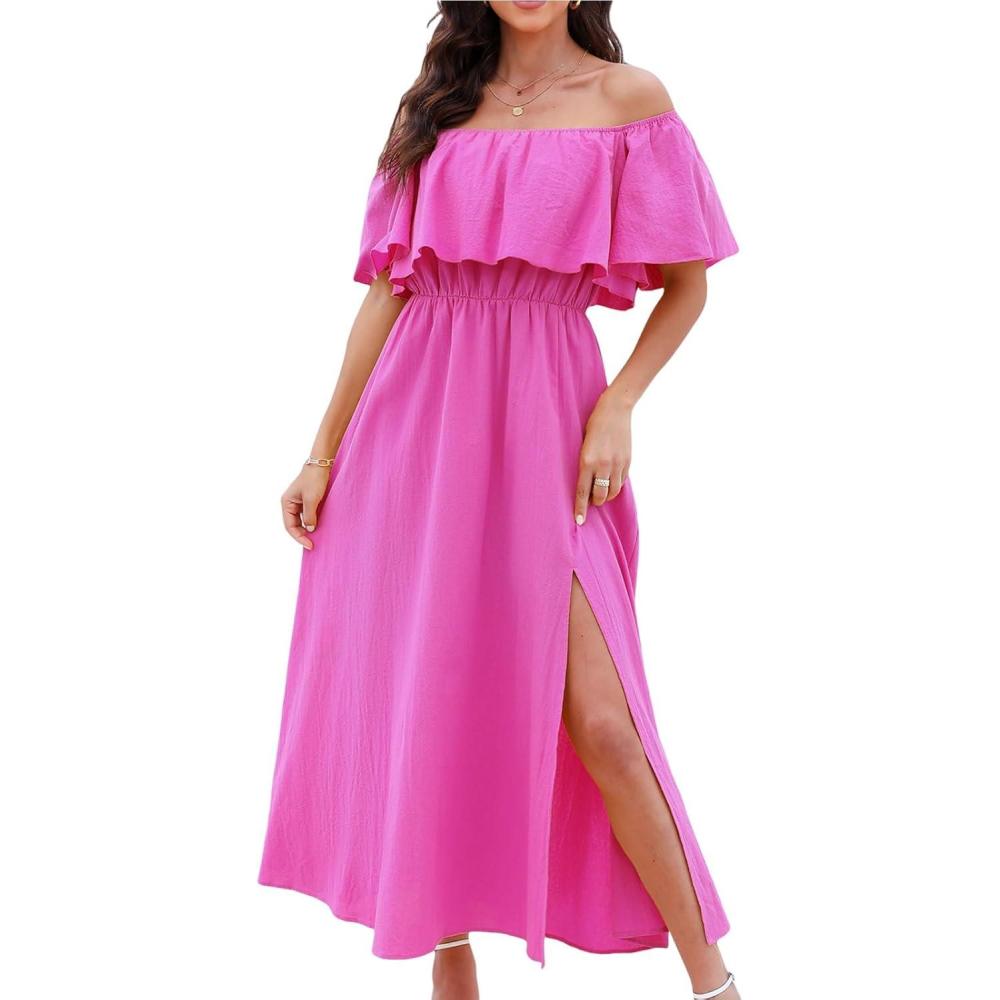 imageCUPSHE Women Ruffle Floral Maxi Summer Dress Off Shoulder Short Sleeve Backless Flounce Bodice Slit Hem Beach DressesSolid Fuchsia