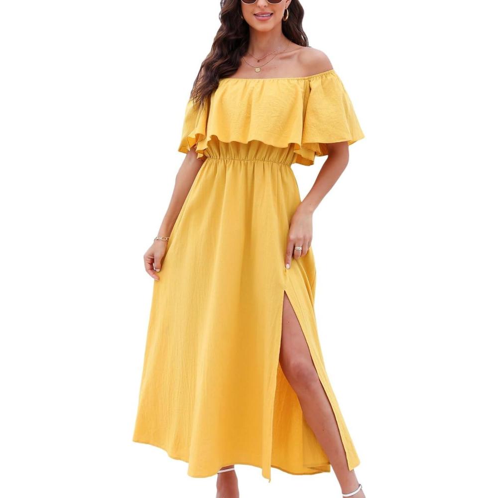 imageCUPSHE Women Ruffle Floral Maxi Summer Dress Off Shoulder Short Sleeve Backless Flounce Bodice Slit Hem Beach DressesYellow