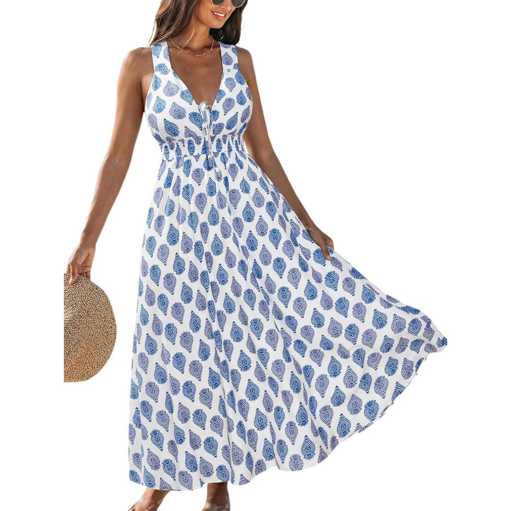 imageCUPSHE Women Summer Maxi Dresses V Neck Sleeveless Boho Paisley Sundress Smocked Waist Crossback Beach Vacation Long DressBlue Paisley