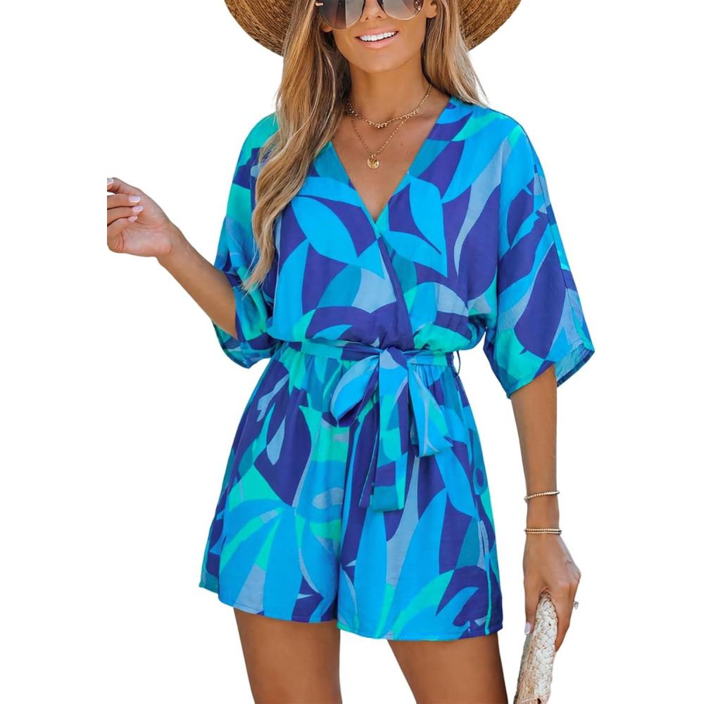 imageCUPSHE Womens Boho Floral Romper Short Sleeve V Neck Tie Waist Summer Beach Jumpsuit Tropical Resort Vacation OutfitsDeep Blue Floral