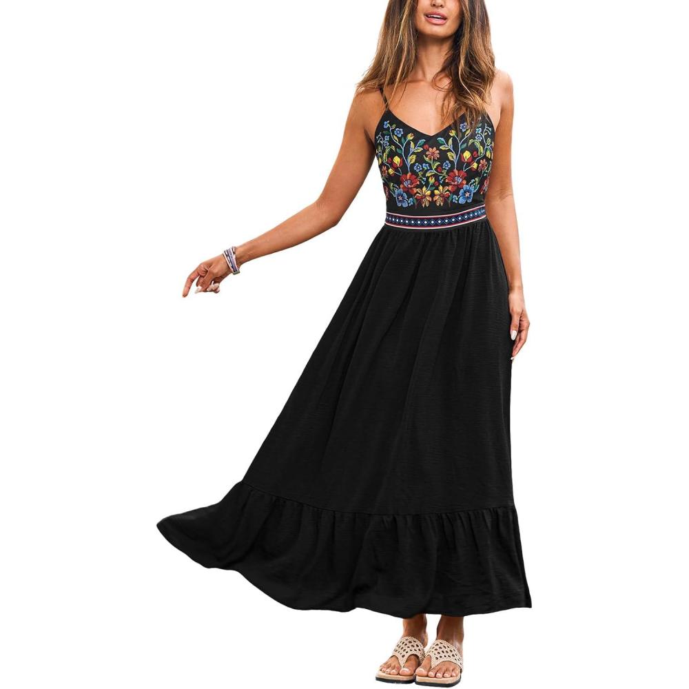 imageCUPSHE Womens Boho Maxi Dresses Spaghetti Strap V Neck Summer Beach Vacation Sundress Sleeveless Floral Self Tie Flowy DressBlack Floral