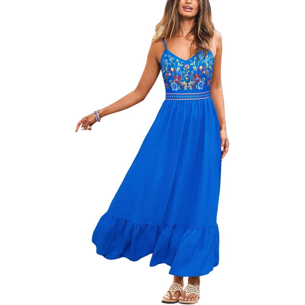 imageCUPSHE Womens Boho Maxi Dresses Spaghetti Strap V Neck Summer Beach Vacation Sundress Sleeveless Floral Self Tie Flowy DressBlue Floral
