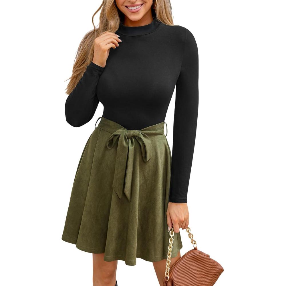 imageCUPSHE Womens Fall Dresses Long Sleeves Round Neck Casual Outfits A Line Work Belted Vacation Mini SundressOlive Green