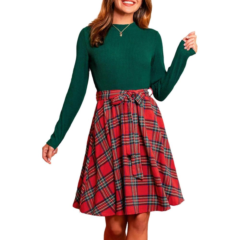 imageCUPSHE Womens Fall Dresses Long Sleeves Round Neck Casual Outfits A Line Work Belted Vacation Mini SundressRed Plaid