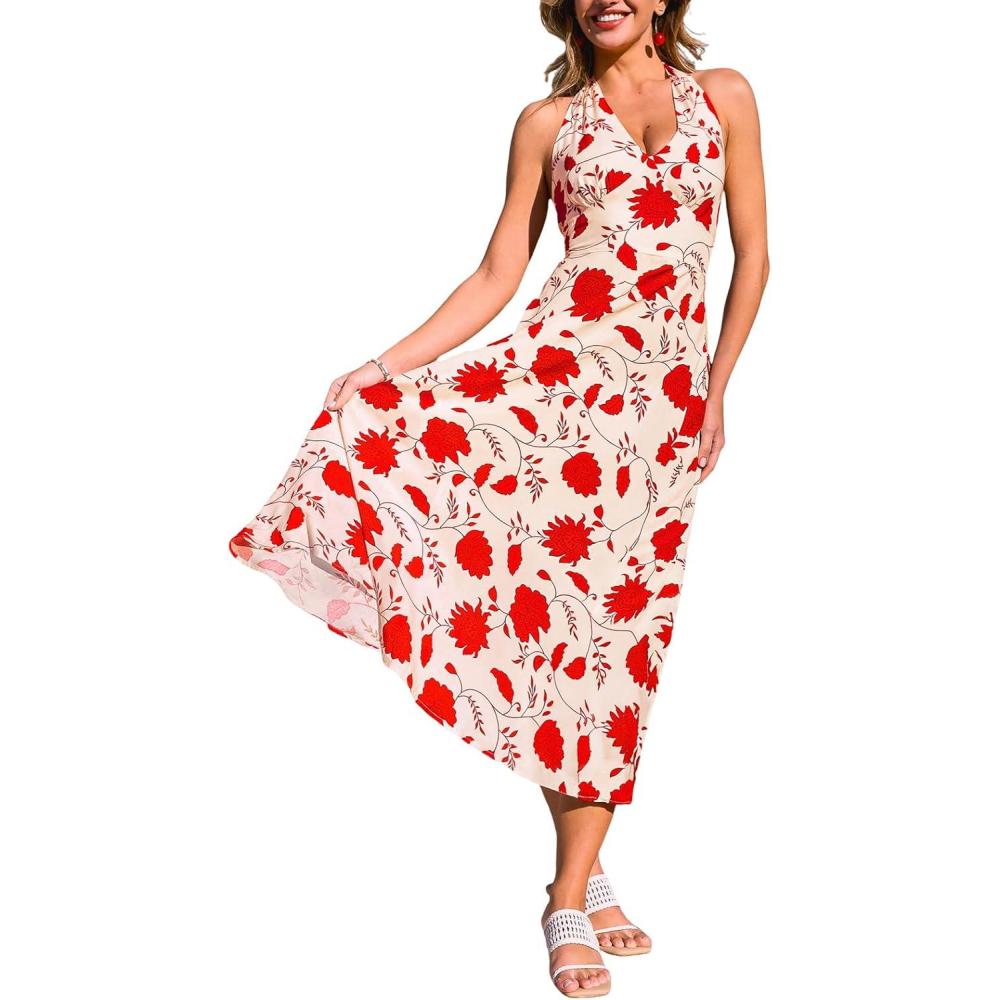 imageCUPSHE Womens Halter Floral Midi Dress Sleeveless Backless ALine Flowy Beach Vacation Sundress Long Wedding Guest DressesRed Floral