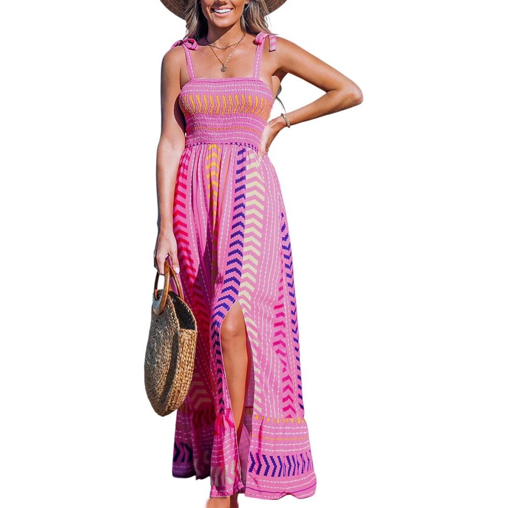 imageCUPSHE Womens Maxi Dress Casual Smocked Straps Paisley Ruffled Slit A Line Long Beach Summer DressPink Paisley