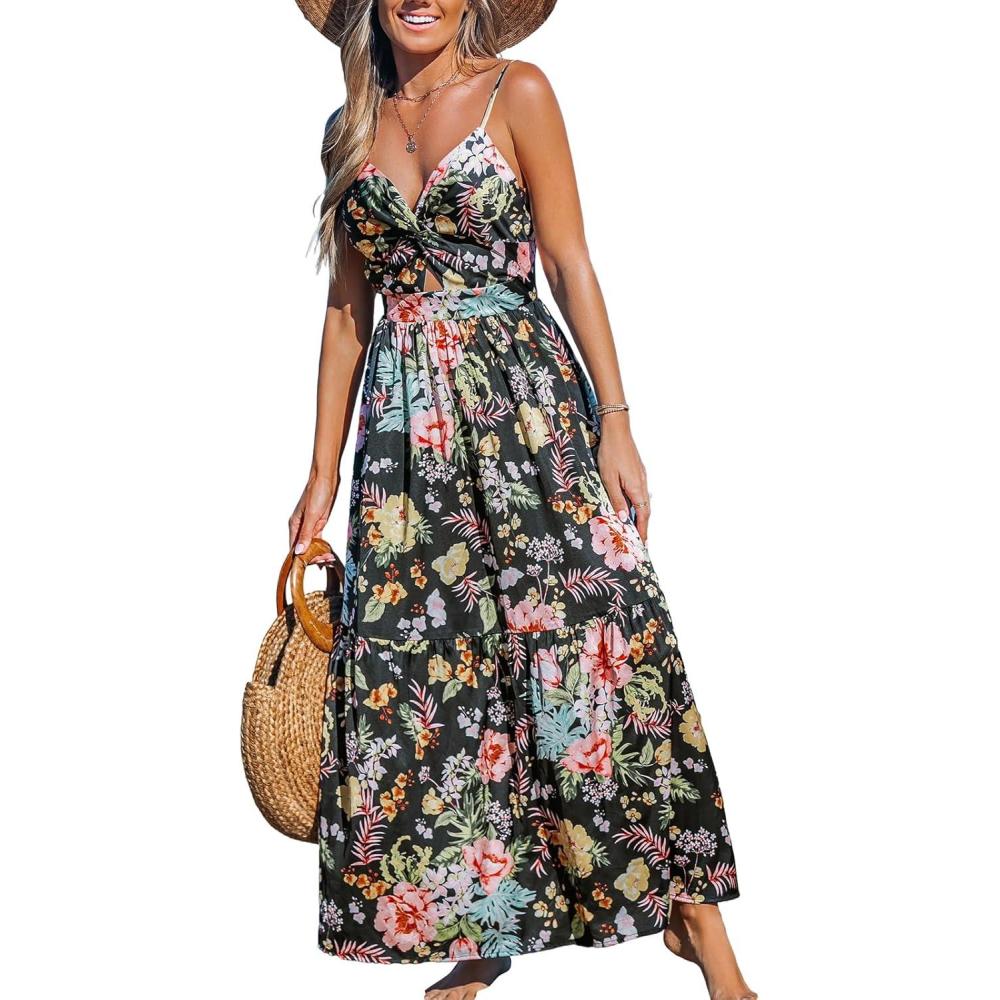 imageCUPSHE Womens Maxi Dress Floral Print Twisted V Neck Sleeveless Long Dress Summer Casual DressBlack Floral