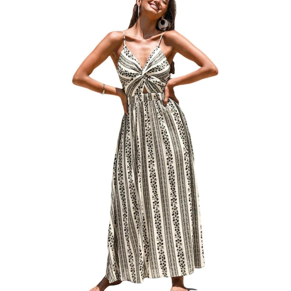 imageCUPSHE Womens Maxi Dress Floral Print Twisted V Neck Sleeveless Long Dress Summer Casual DressBlack Striped
