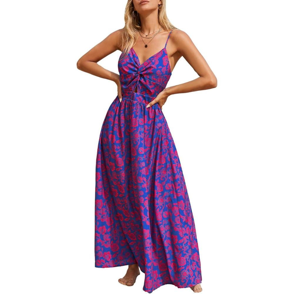 imageCUPSHE Womens Maxi Dress Floral Print Twisted V Neck Sleeveless Long Dress Summer Casual DressBlue Floral