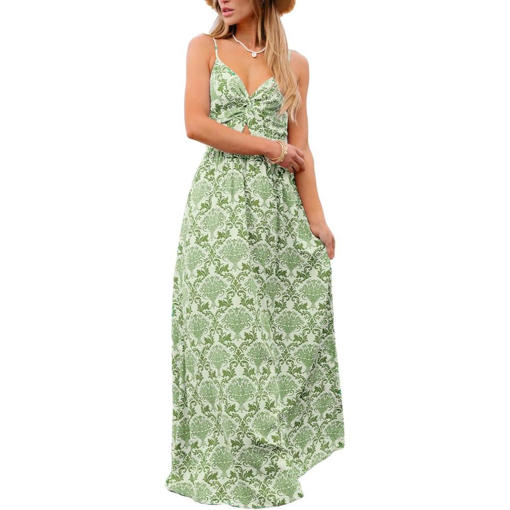 imageCUPSHE Womens Maxi Dress Floral Print Twisted V Neck Sleeveless Long Dress Summer Casual DressGrass Green