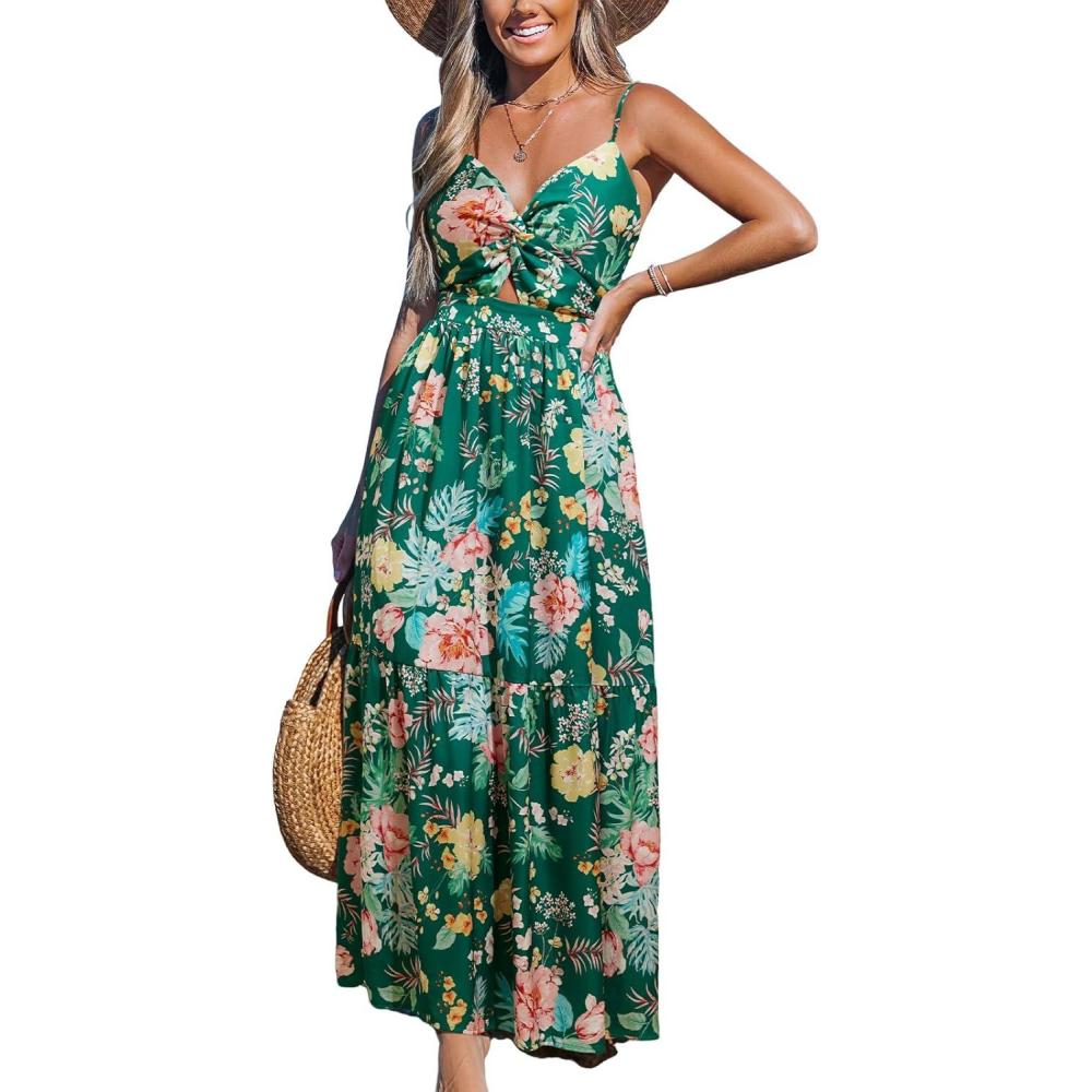 imageCUPSHE Womens Maxi Dress Floral Print Twisted V Neck Sleeveless Long Dress Summer Casual DressGreen