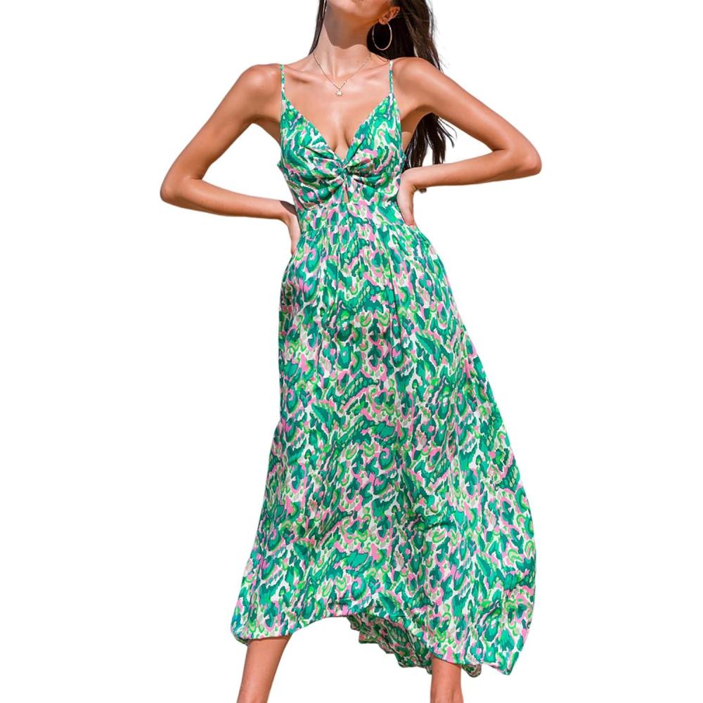 imageCUPSHE Womens Maxi Dress Floral Print Twisted V Neck Sleeveless Long Dress Summer Casual DressGreen Abstract