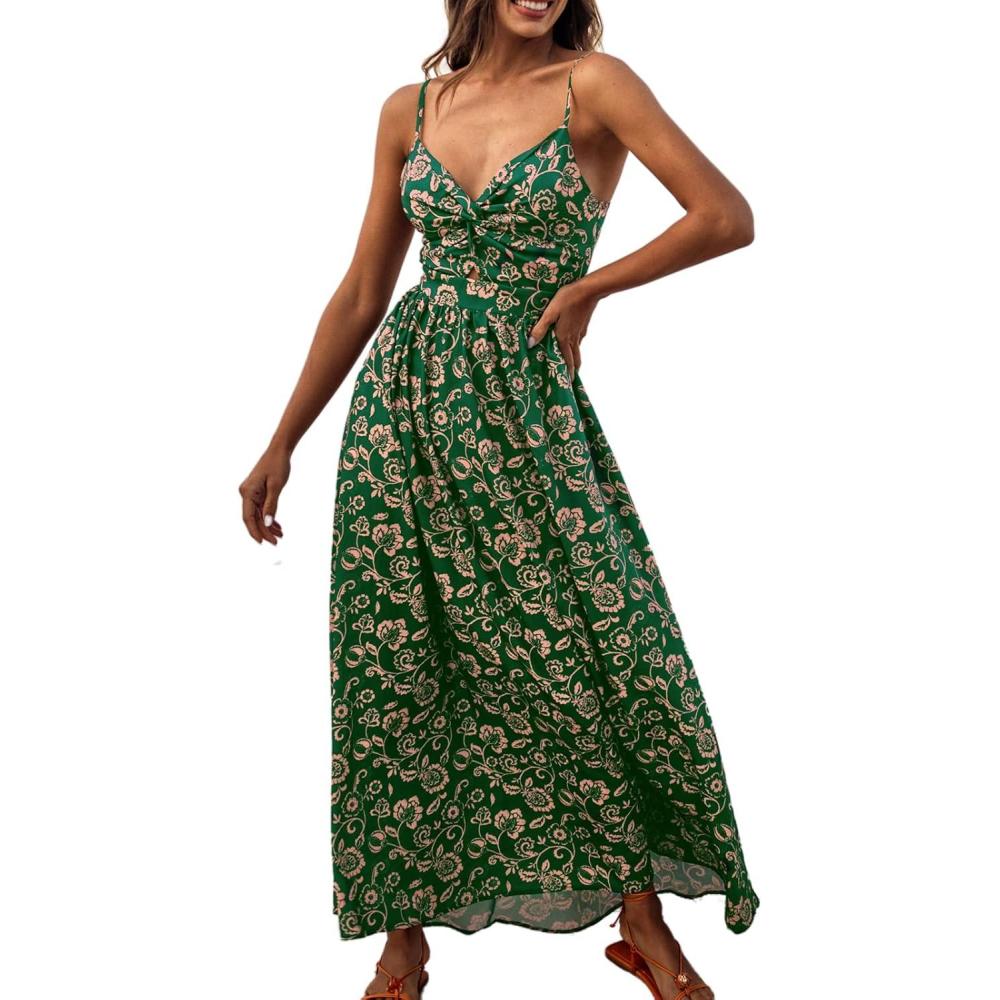 imageCUPSHE Womens Maxi Dress Floral Print Twisted V Neck Sleeveless Long Dress Summer Casual DressGreen Floral