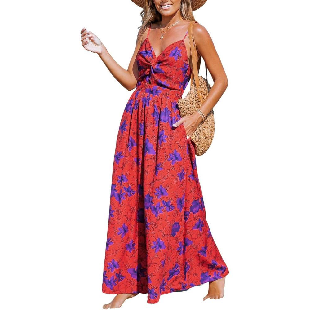 imageCUPSHE Womens Maxi Dress Floral Print Twisted V Neck Sleeveless Long Dress Summer Casual DressPurple Floral