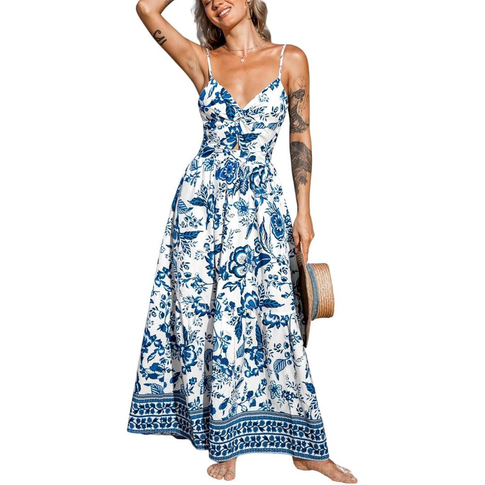 imageCUPSHE Womens Maxi Dress Floral Print Twisted V Neck Sleeveless Long Dress Summer Casual DressTeal Floral