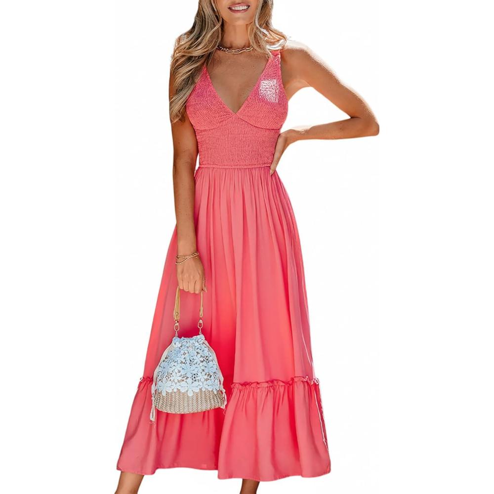 imageCUPSHE Womens Maxi Dresses Plunging V Neck Sleeveless Smocked Casual Summer Outfit Ruffled Beach Sundress Flowy DressRed
