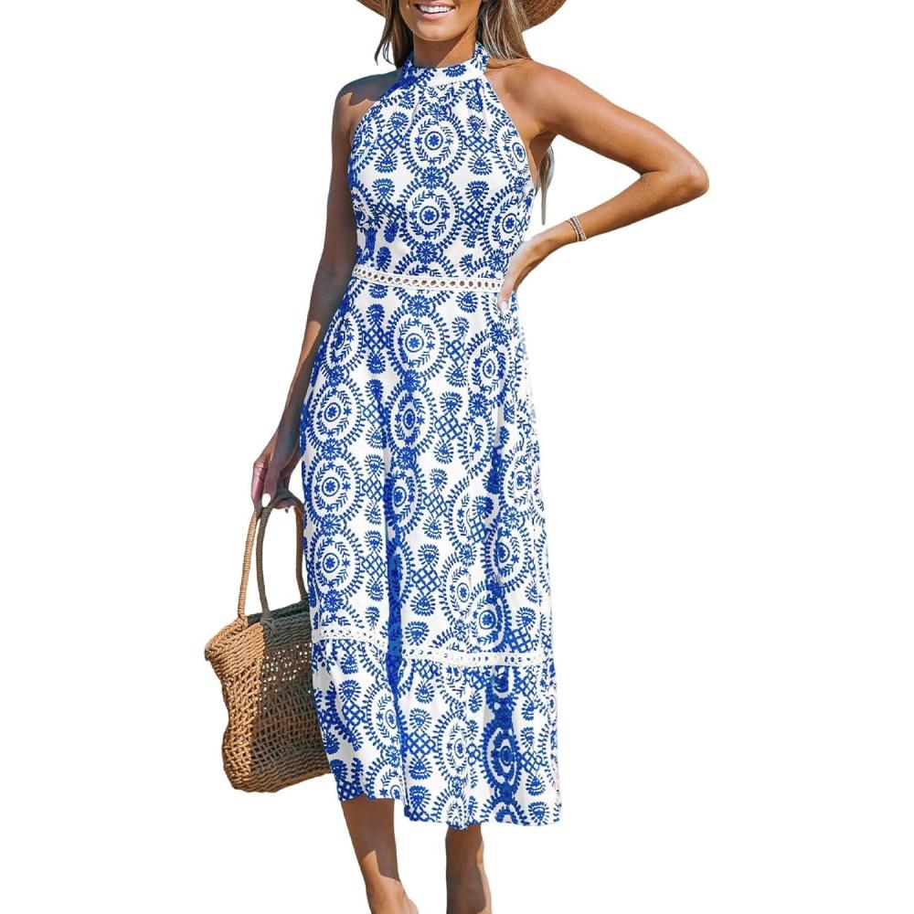 imageCUPSHE Womens Midi Dress Halter Paisley Sleeveless Cutout Waist Long Beach Boho Summer DressBlue Paisley