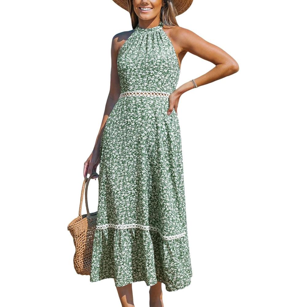 imageCUPSHE Womens Midi Dress Halter Paisley Sleeveless Cutout Waist Long Beach Boho Summer DressGreen Floral