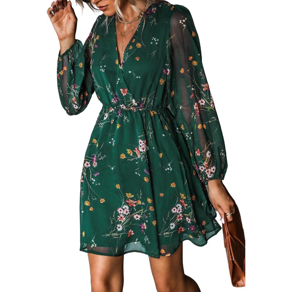 imageCUPSHE Womens Mini Dresses Casual Spring V Neck Chiffon Long Peasant Sleeves Flowy Spring DressGreen