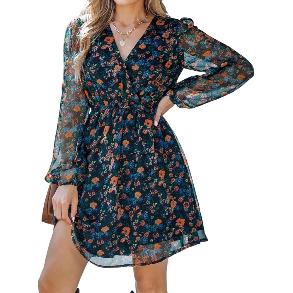 imageCUPSHE Womens Mini Dresses Casual Spring V Neck Chiffon Long Peasant Sleeves Flowy Spring DressNavy Floral
