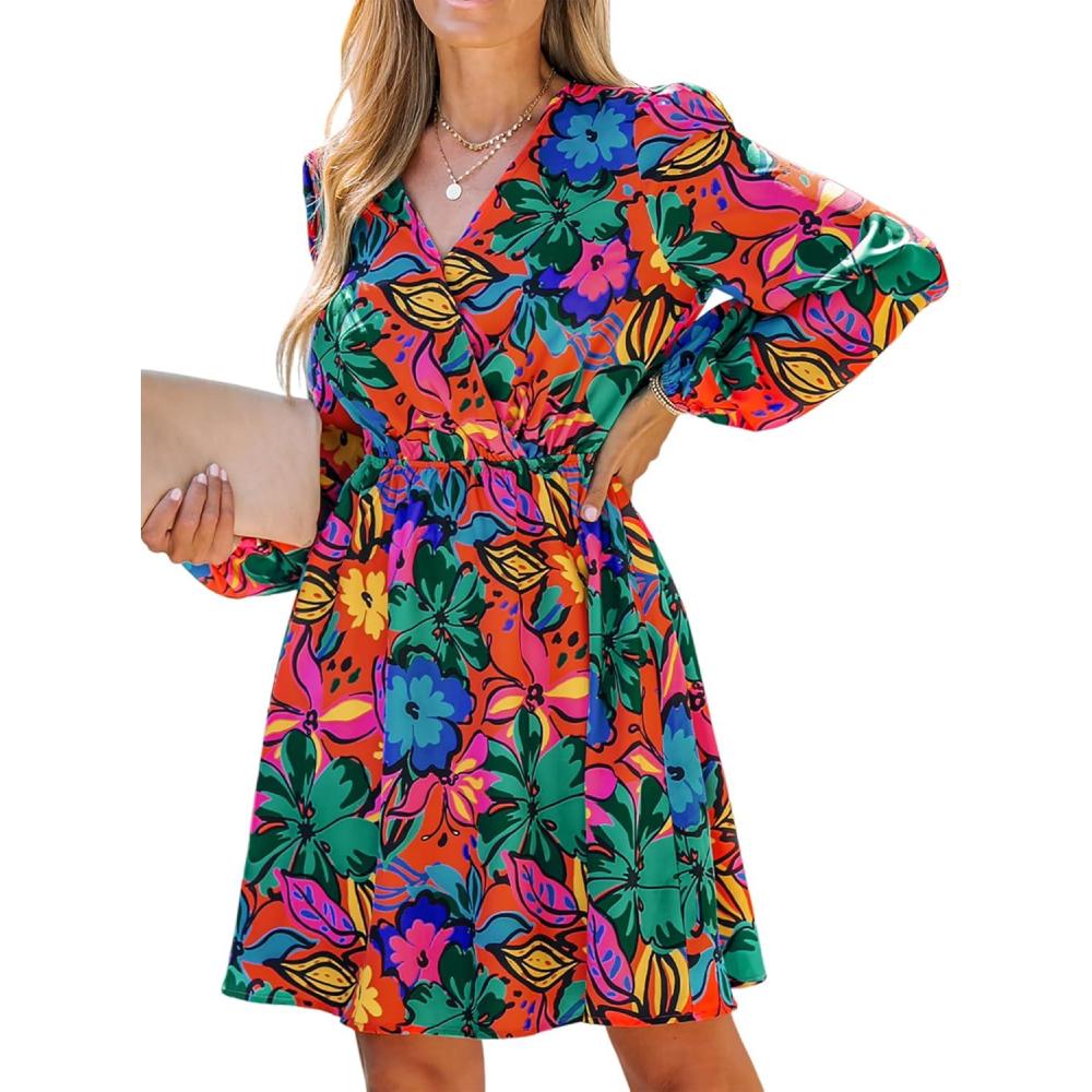 imageCUPSHE Womens Mini Dresses Casual Spring V Neck Chiffon Long Peasant Sleeves Flowy Spring DressRedblue Floral